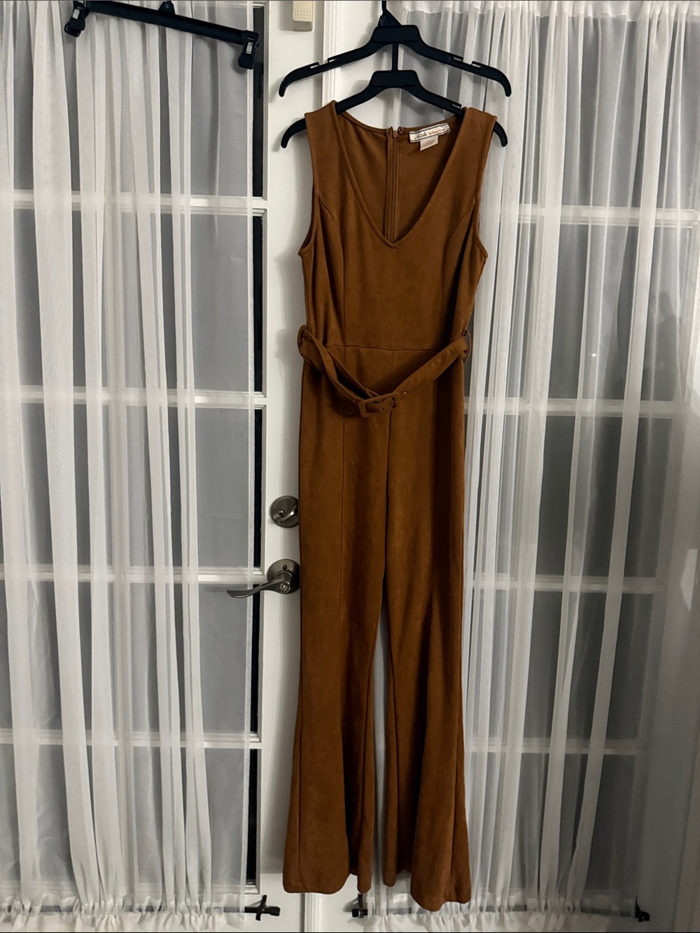 Sleeveless V-Neck Belted Wide-Leg Jumpsuit in Cognac Brown